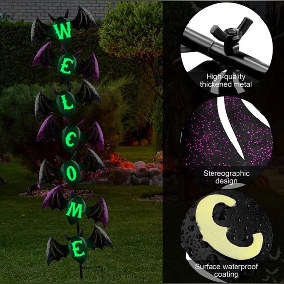 Glow in The Dark Bat Yard Welcome Sign Garden Yard Lawn Outdoor Halloween Decor - Picture 3 of 6